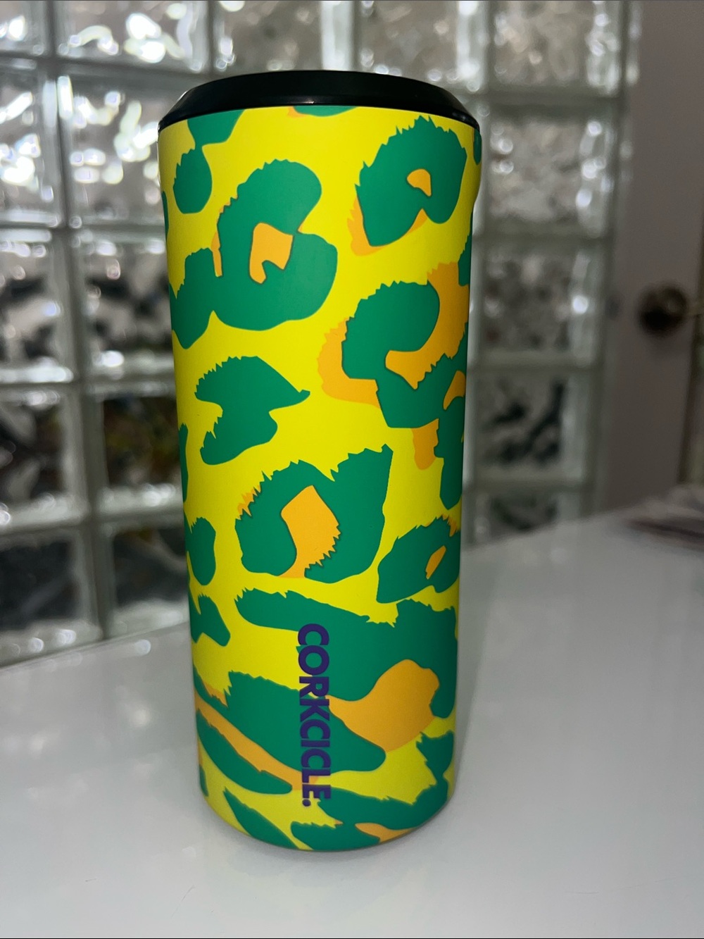 Corkcicle 12 oz Can Cooler Neon Leopard Print - Yellow, Green & Orange Accents